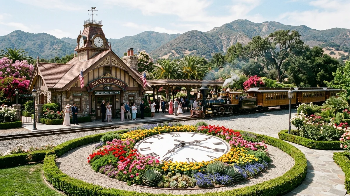 Estação de trem vitoriana de Neverland com torre do relógio, locomotiva histórica e relógio de flores impecável