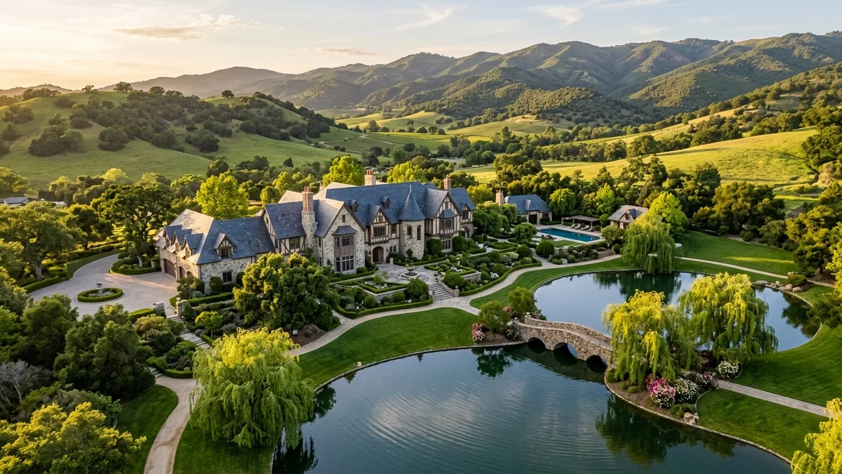 Vista aérea da mansão de Neverland em estilo Tudor e lago privativo no vale de Santa Ynez na Califórnia