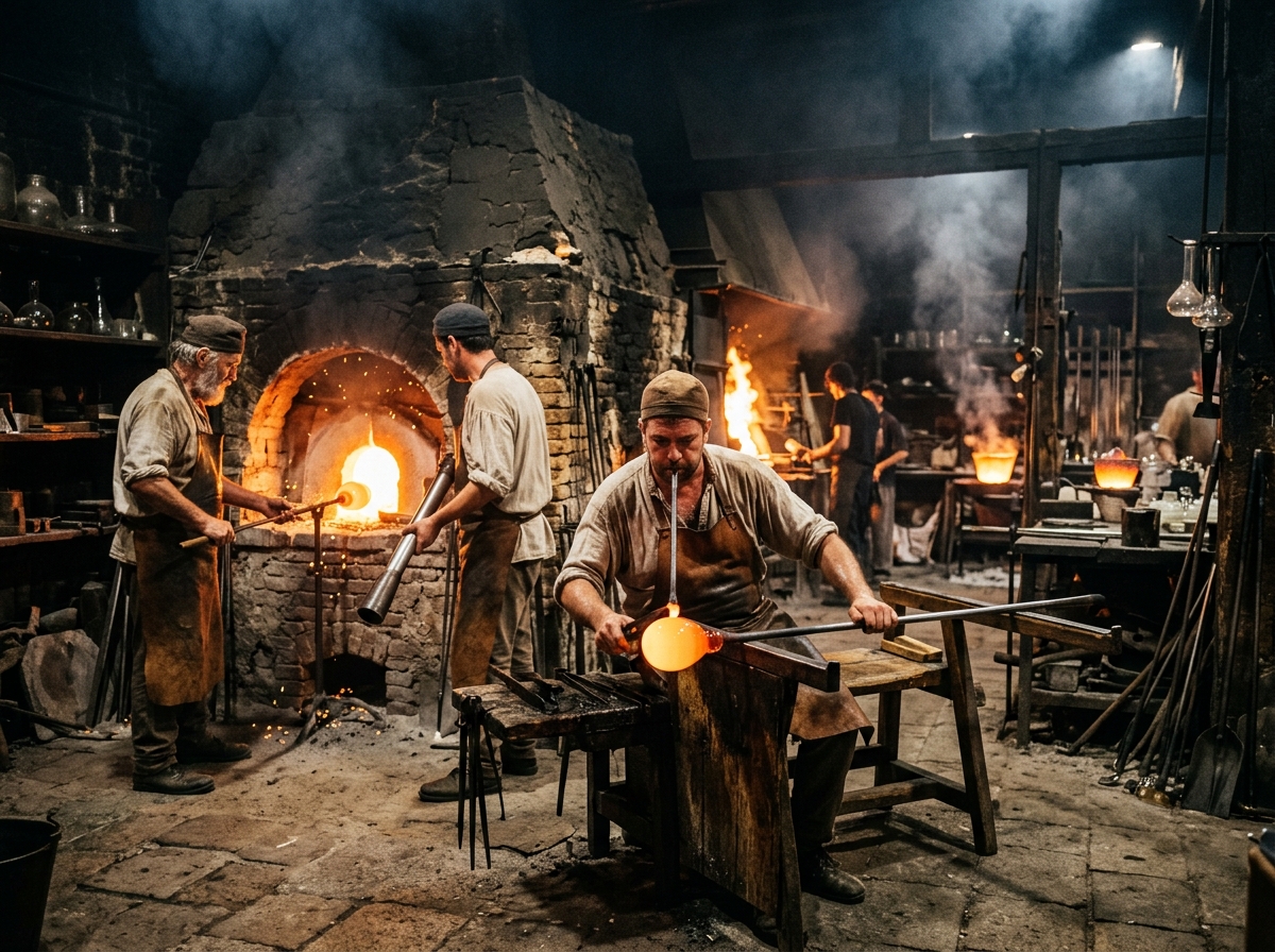Atmospheric 17th century glassblowing workshop in Murano Venice