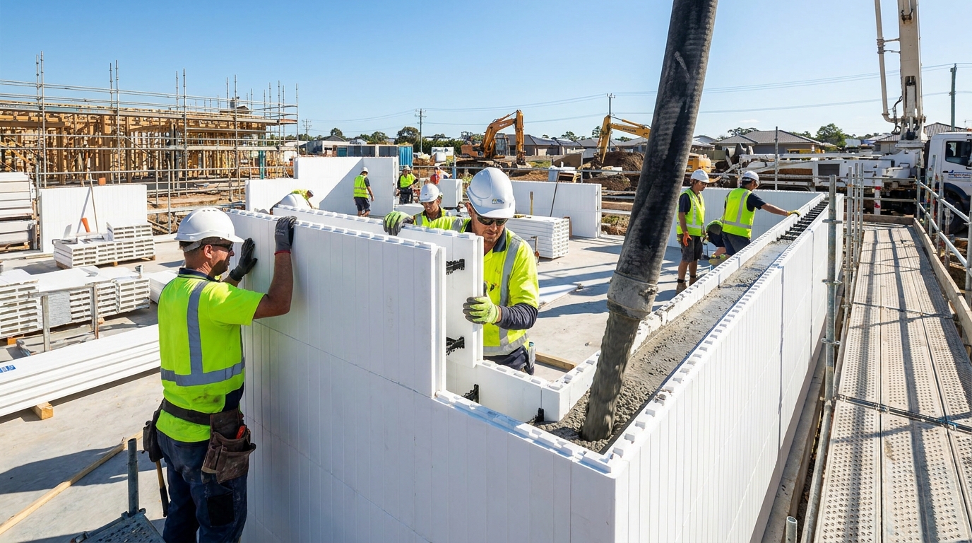 Construcción moderna mediante el sistema de paneles modulares de PVC rellenos de hormigón