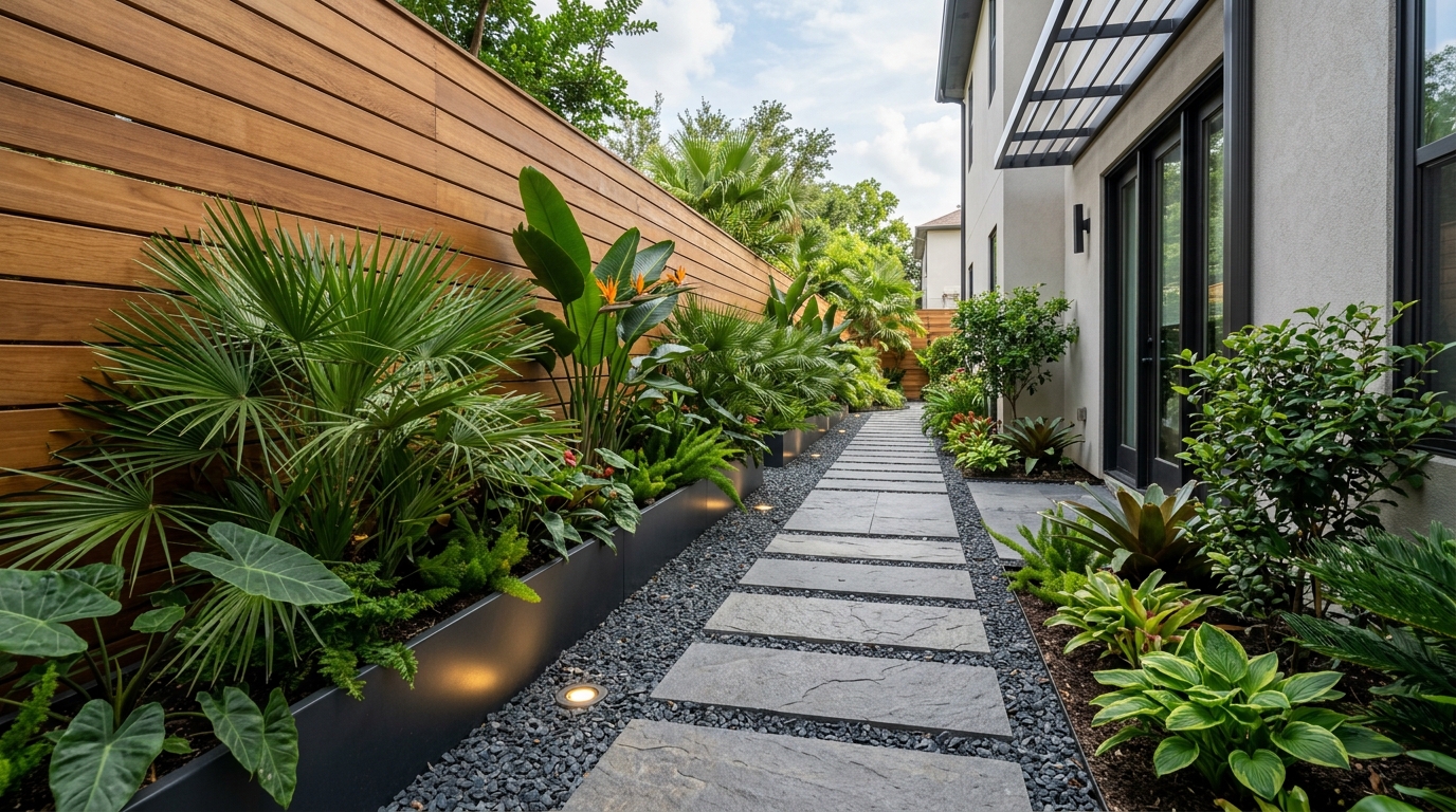 Narrow outdoor side walkway transformed with horizontal timber fence, slate flagstone pavers, and lush shade foliage