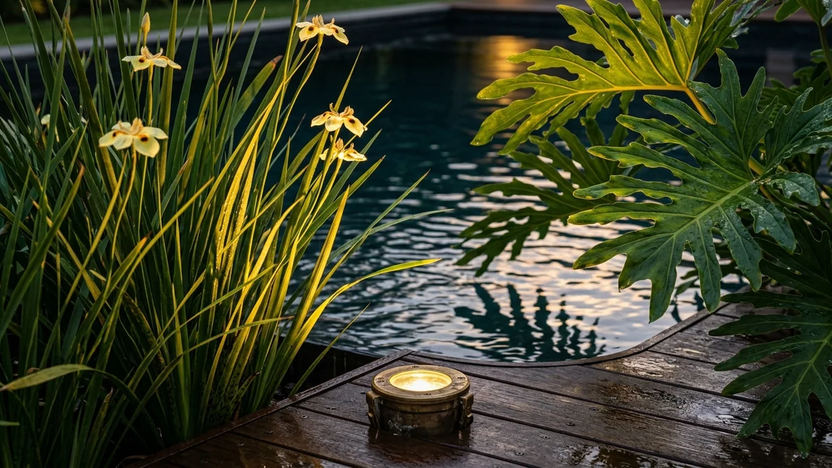 Close-up of teak sun lounger on Cumaru timber pool deck with embedded night lights and lush palm fronds