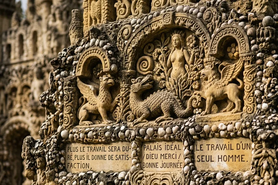 Carved stone relief details of Ferdinand Cheval's Ideal Palace