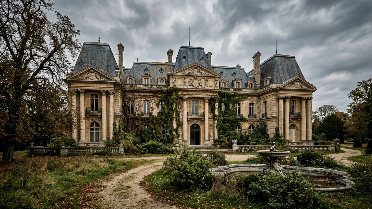 Fachada de cantaria em pedra do Château de Rothschild abandonado em Boulogne-Billancourt, Paris