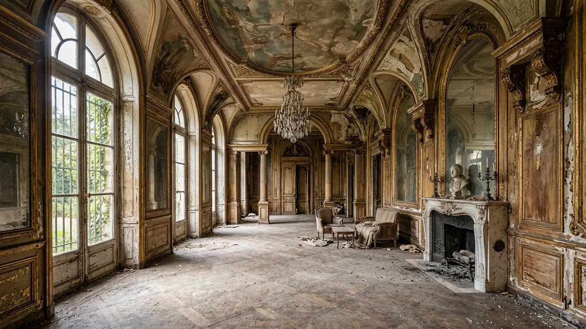 Interior decadente do grande salão do palácio Rothschild com boiseries descascando e piso parquet antigo