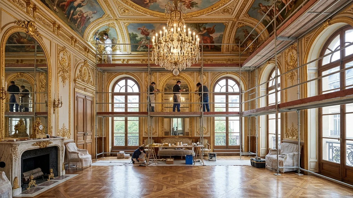 Artesãos e restauradores trabalhando em andaimes na restauração de boiseries douradas em salão francês