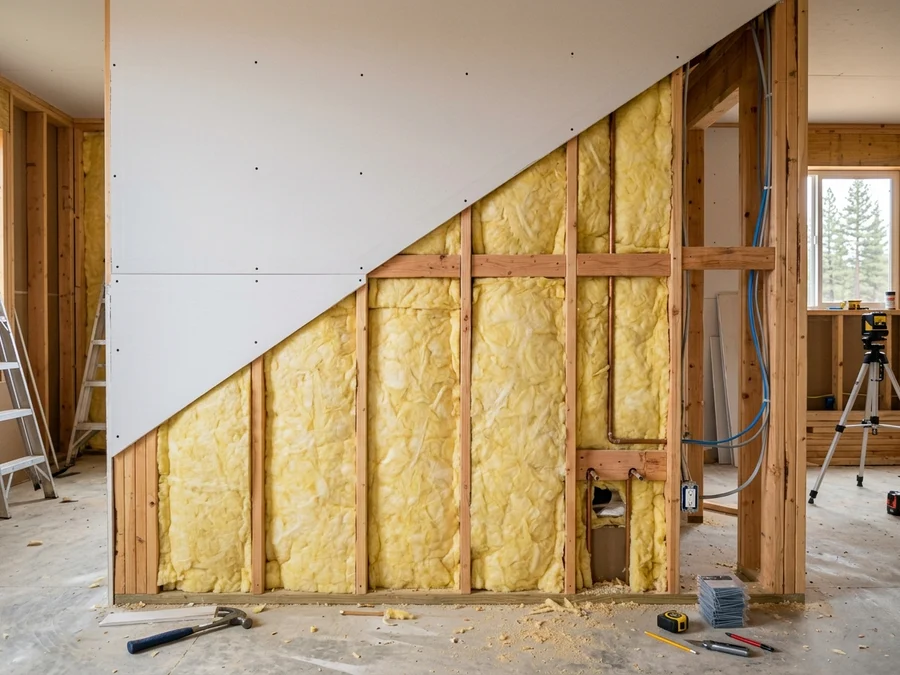 Pared interior americana en obra con vigas de madera, manta de lana de vidrio y placa de drywall colocada