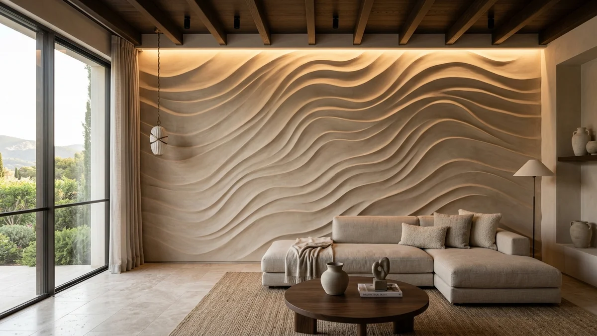 Living room accent wall with wavy sand dune plaster texture illuminated by warm grazing LED strip light