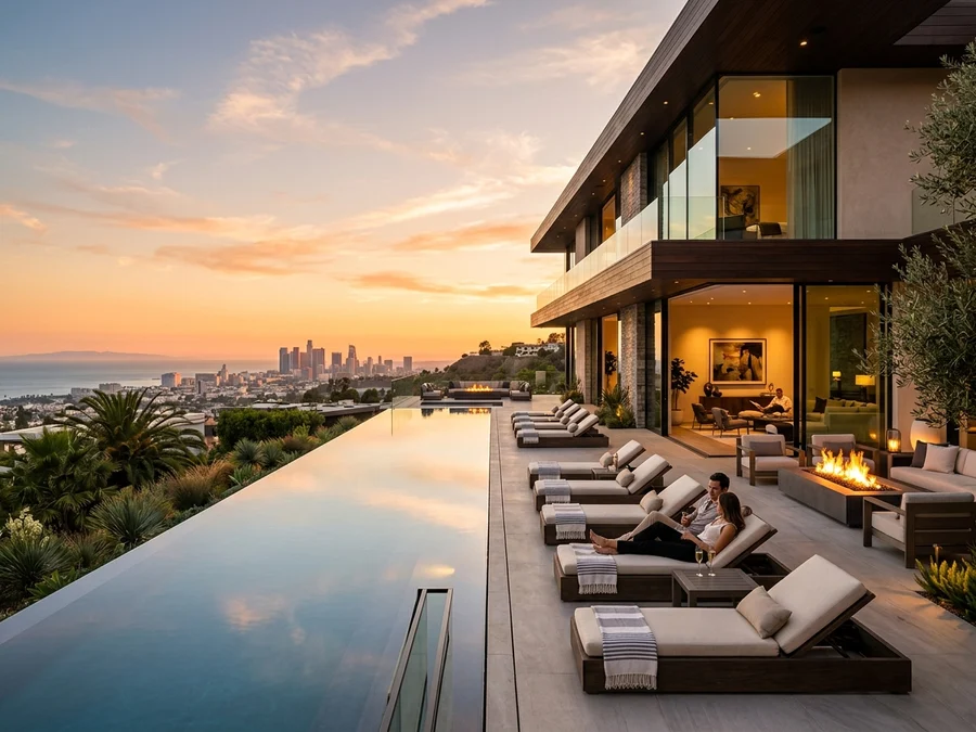 Terraço de luxo com enorme piscina infinita ao pôr do sol com vista panorâmica para a cidade