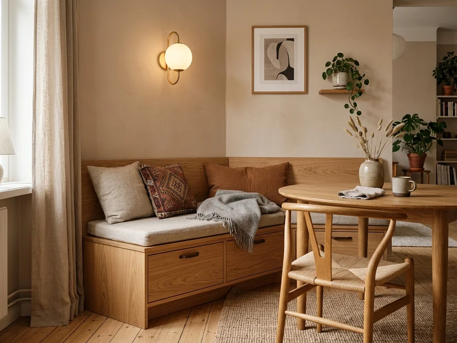 Compact apartment dining nook with custom light oak bench featuring storage drawers and warm sconce light