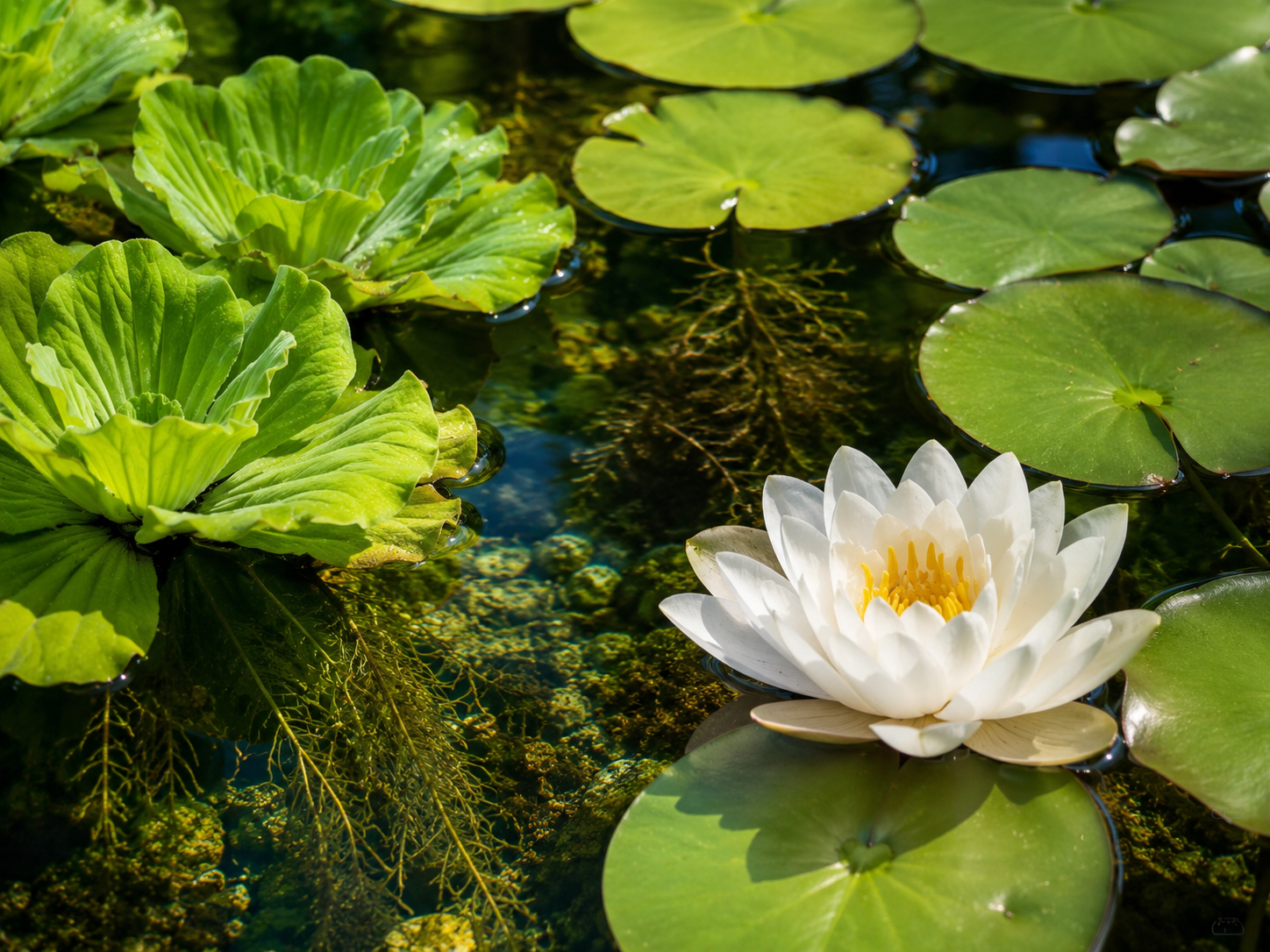 Plantas flutuantes filtrantes como alface d'água e flor de lótus em lago biológico com água límpida