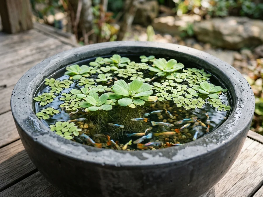 Burnt concrete bowl filled with clear water, floating salvinia plants, and small guppy fish