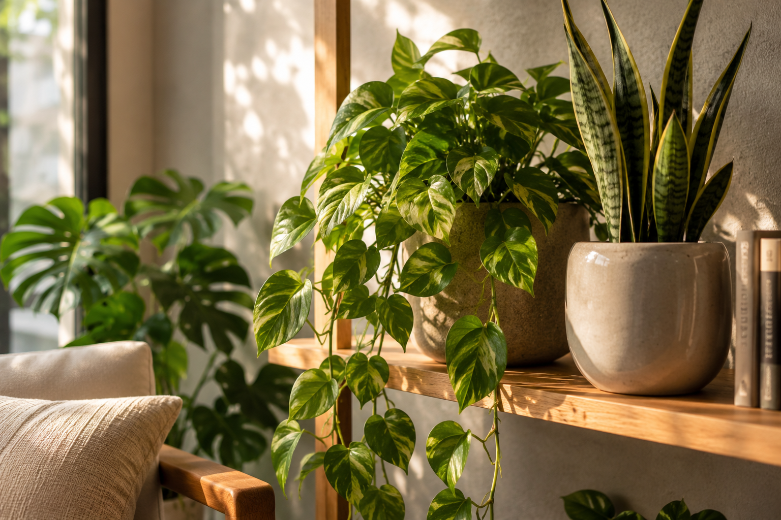 Sunlit corner with air-purifying Pothos and Snake Plants in ceramic pots
