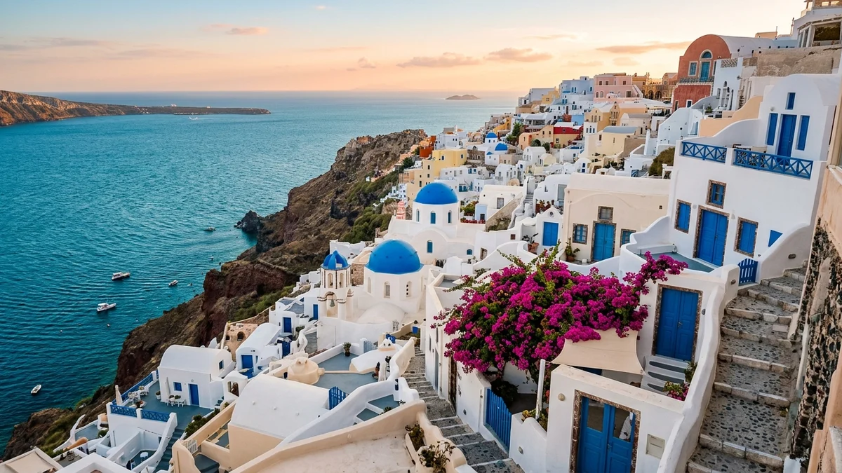 Iconic white Cycladic houses with blue church domes and doors perched over the Aegean Sea in Santorini at golden hour
