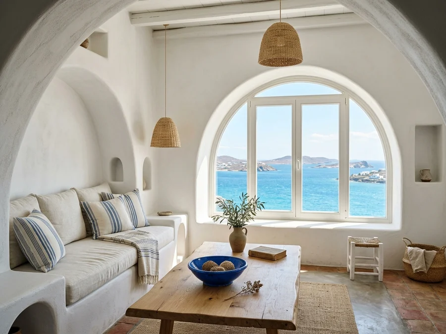 Serene Greek Mediterranean living room with white arched plaster walls, built-in banquette sofa in light linen, and ocean view