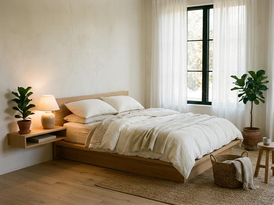 Quarto minimalista com cama baixa de madeira de carvalho, roupa de cama de linho marfim, paredes bege claro e plantas