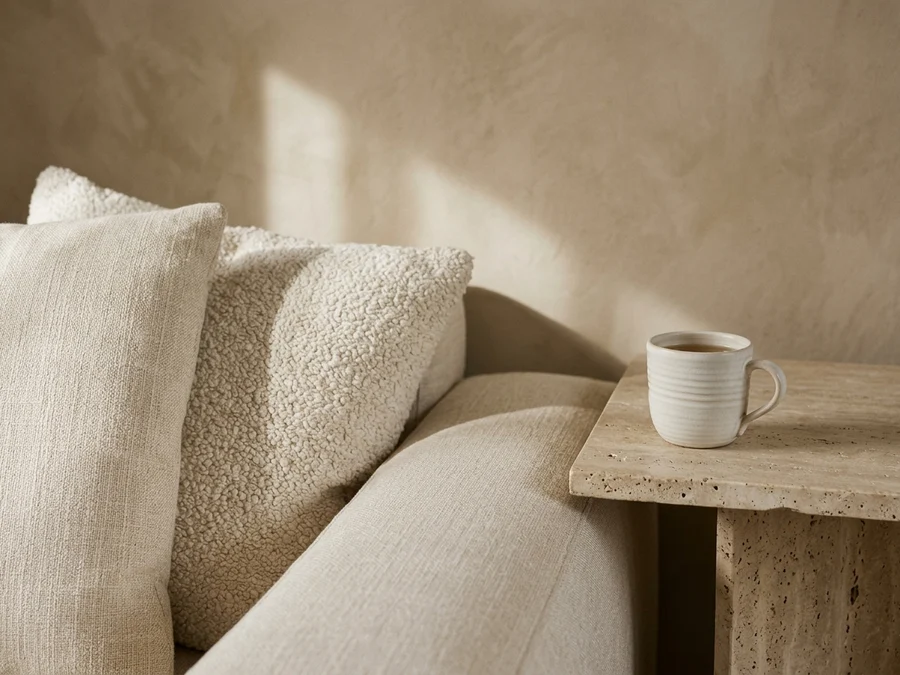 Detalhe aproximado de almofada bouclé sobre sofá de linho bege claro, mesa de pedra travertino e caneca de cerâmica