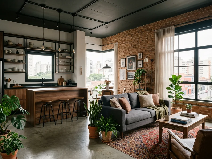 Modern open-concept apartment living room with exposed brick accent wall, gray sofa, black track lighting, and indoor plants
