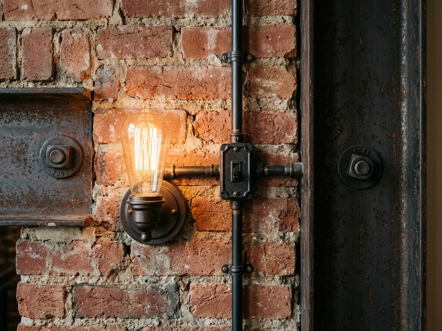 Close-up of exposed brick wall with black metal electrical conduit, vintage switch, and warm glowing filament bulb