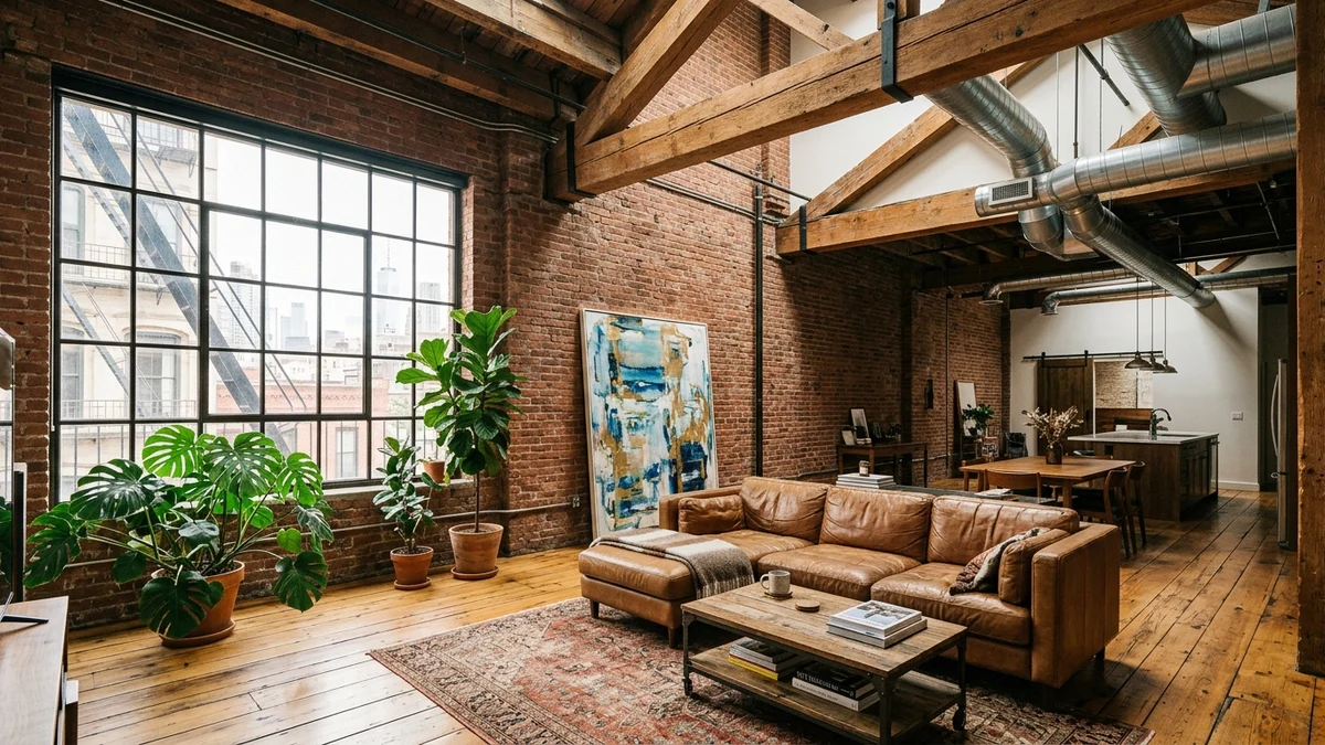 New York industrial loft featuring exposed brick wall, ceiling timber beams, metal ducts, and massive factory grid windows