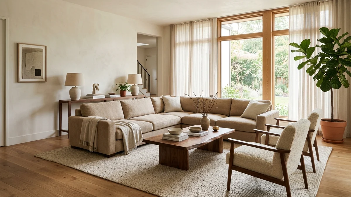 Sala de estar moderna com sofá bege afastado da parede, aparador elegante atrás do sofá e poltronas confortáveis sobre tapete claro