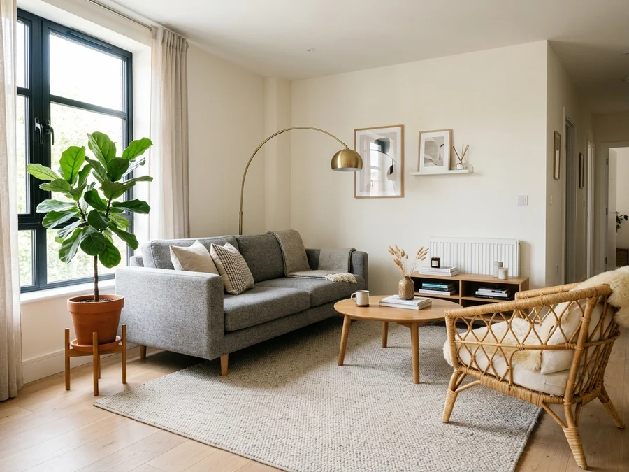 Sala de estar de apartamento pequeno com sofá afastado da parede, poltrona de palhinha e mesa de centro sobre tapete claro