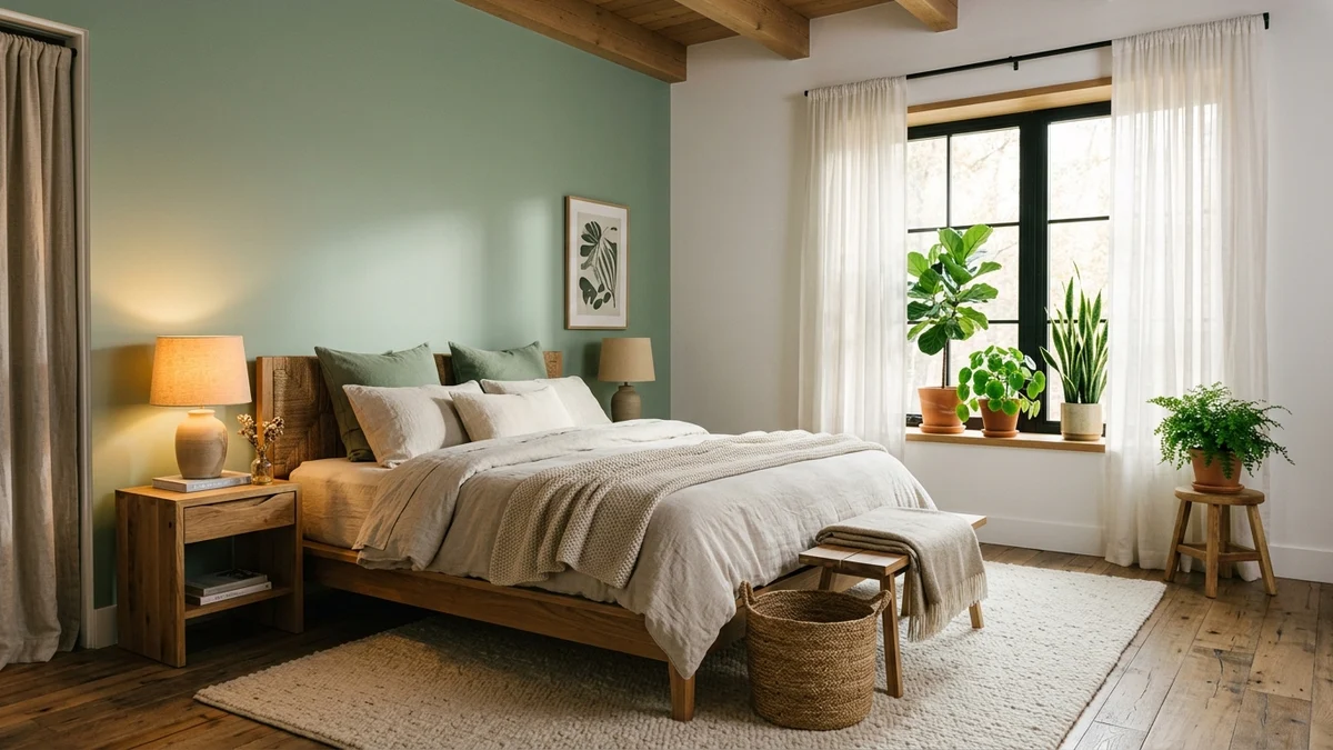 Cozy master bedroom with sage green wall, light oak wood bed, warm lamps and potted plants