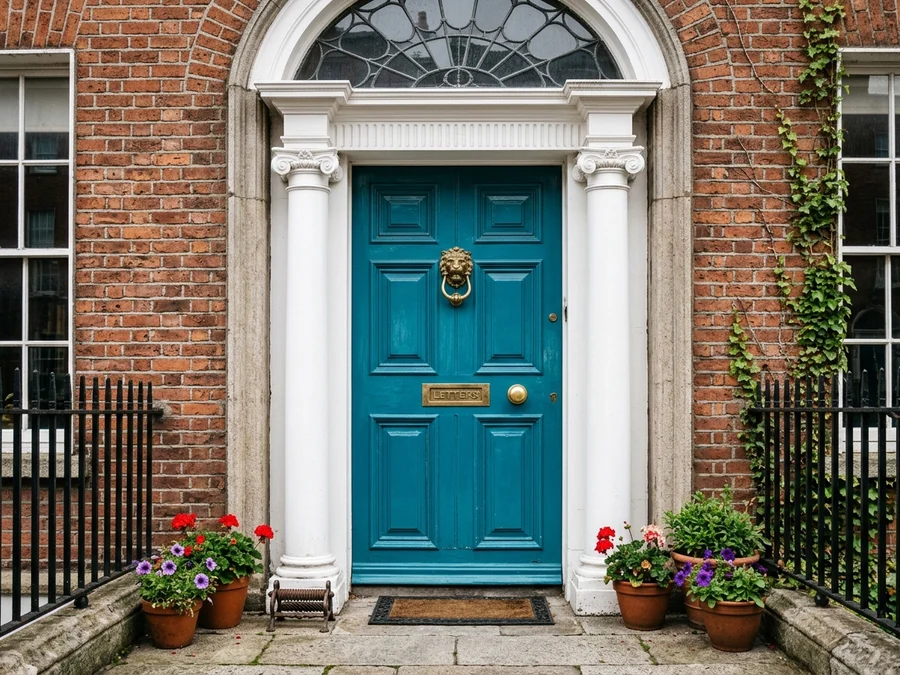 Close-up of a classic peacock blue Georgian front door with polished brass lion-head knocker, white columns, and red brick wall