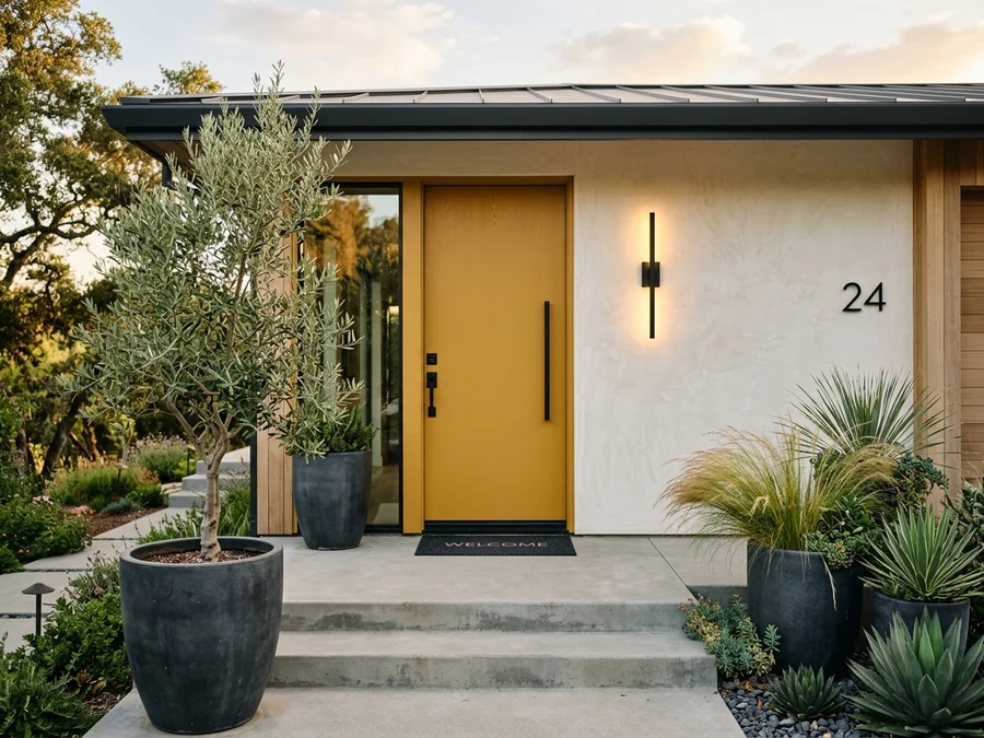 Contemporary home entrance with vibrant mustard yellow door, warm modern sconce lighting, and designer potted plants