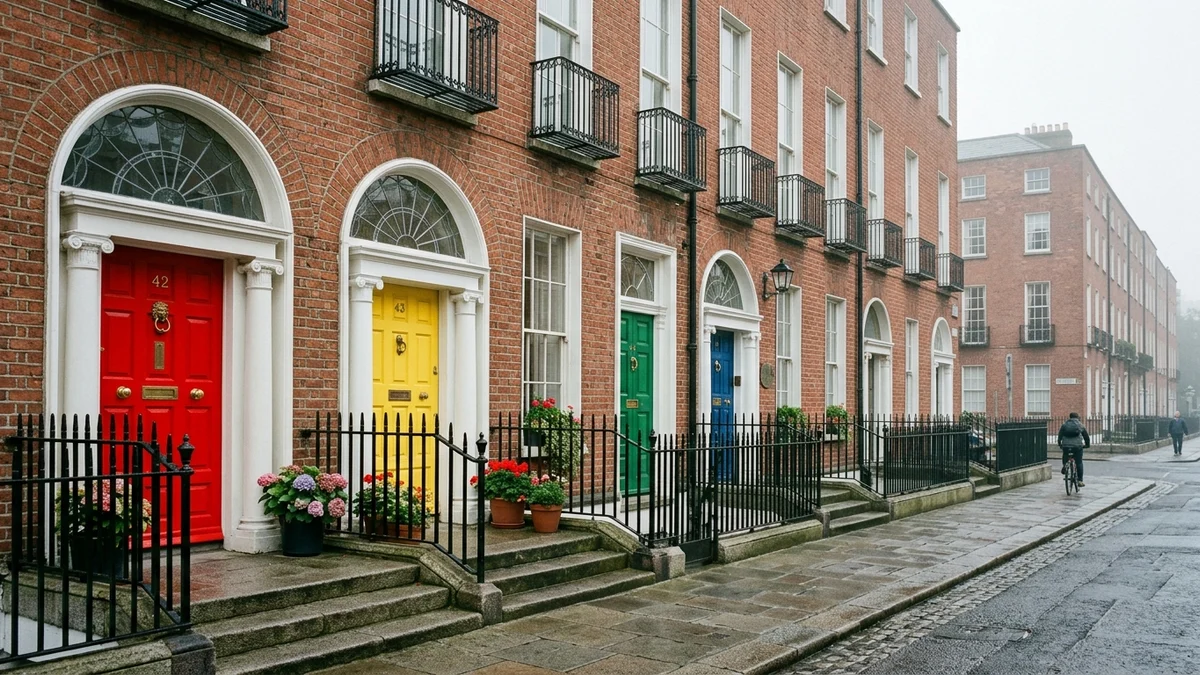 Row of bright red, yellow, green, and blue Georgian front doors on classic Dublin red brick townhouses