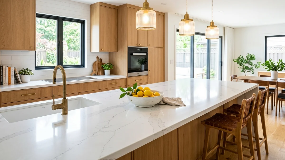 Cozinha moderna com ampla bancada de ilha em quartzo branco com veios elegantes estilo Calacatta