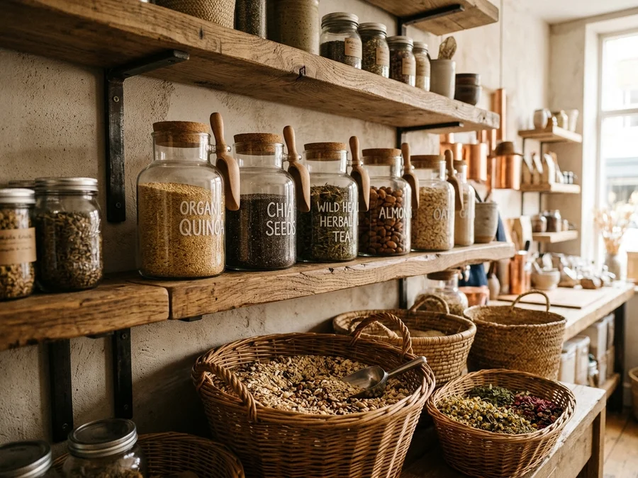 Rustic wooden shelves with cork glass jars and straw baskets filled with organic grains and teas