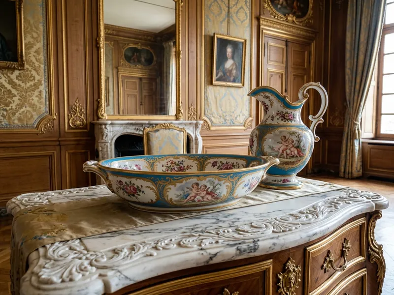 Jarra e bacia de porcelana pintadas à mão em tampo de mármore do século XVIII