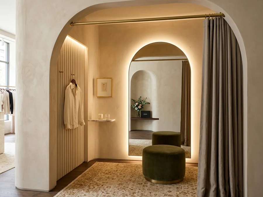 Provador de boutique feminina com espelho arqueado iluminado nas bordas e pufes aveludados
