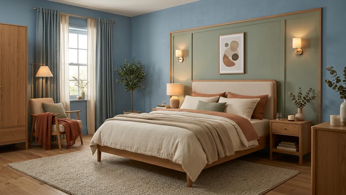 Serene luxury bedroom with relaxing color palette designed for optimal sleep