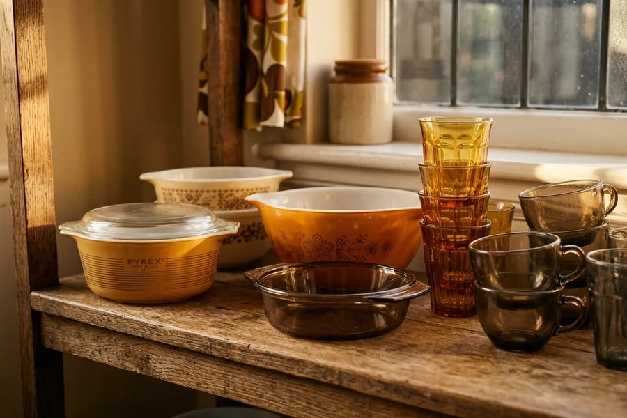 Collection of vintage Pyrex and Duralex in amber, smoked brown and harvest gold tones — casserole dishes, mixing bowls and glasses from the 1960s and 1970s arranged on a wooden kitchen shelf