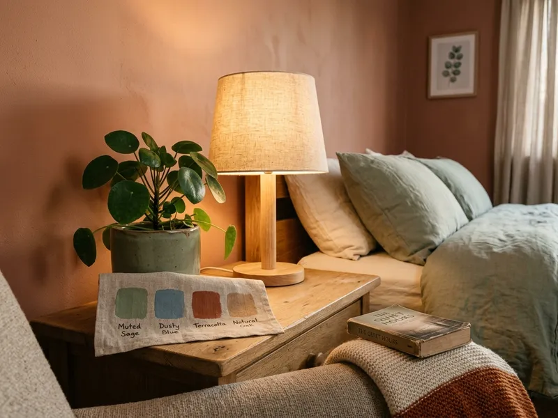 Cozy bedroom reading corner with soft terracotta walls, green plant, and warm lighting