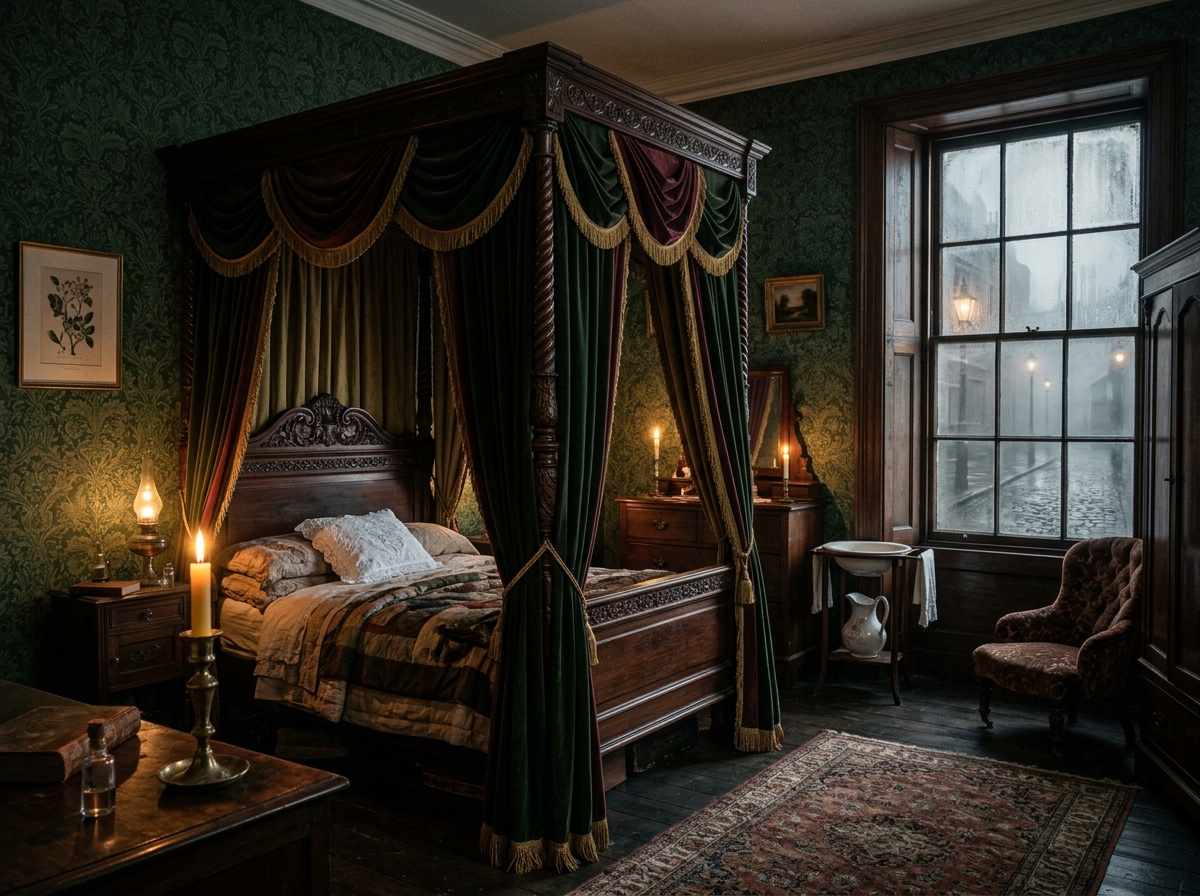 Mysterious Victorian bedroom with toxic green wallpaper