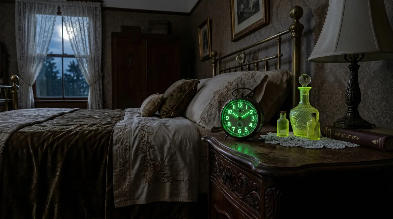 Cozy 1920s bedroom nightstand featuring a glowing green radium clock