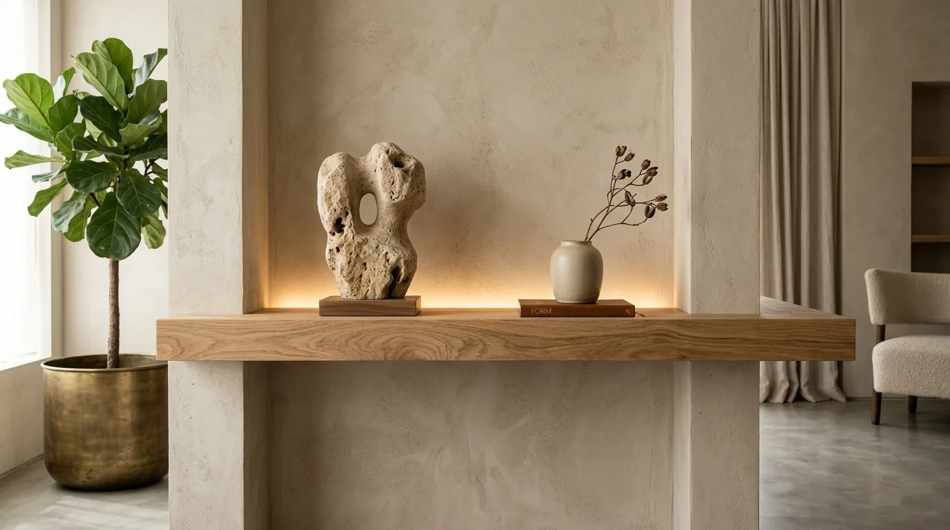 Detalhe de parede em microcimento mineral bege com nicho iluminado e escultura em pedra natural