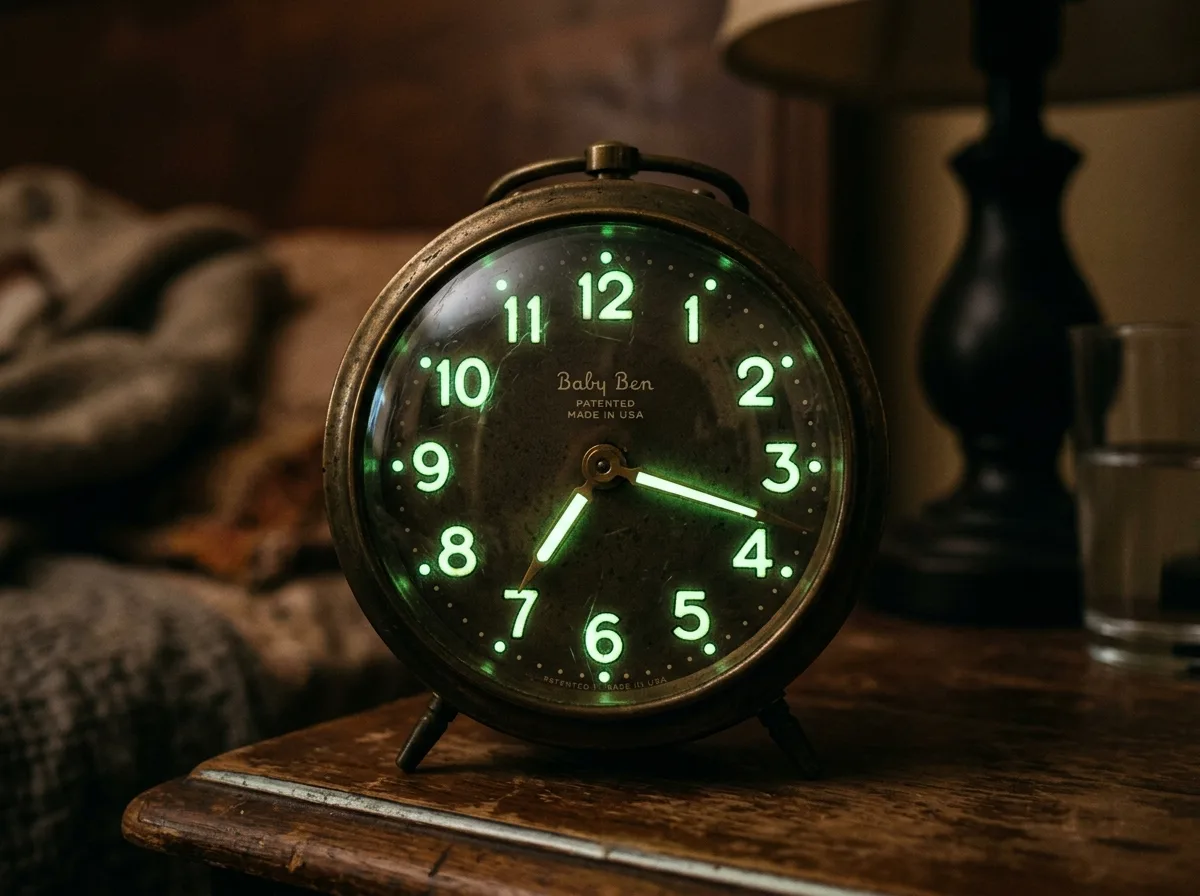 Close-up of vintage 1920s bedside clock glowing green in the dark