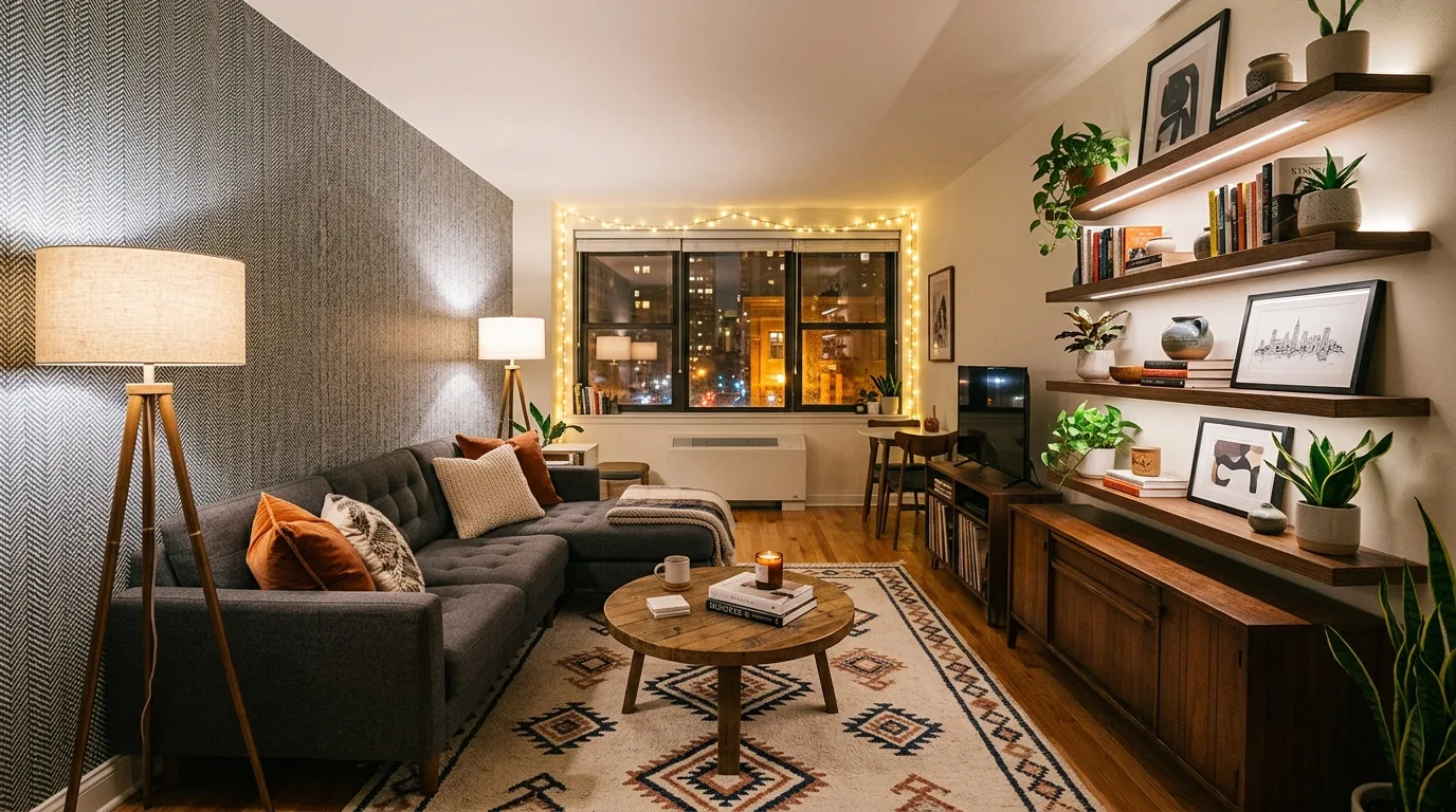 Sala aconchegante com decoração moderna não invasiva