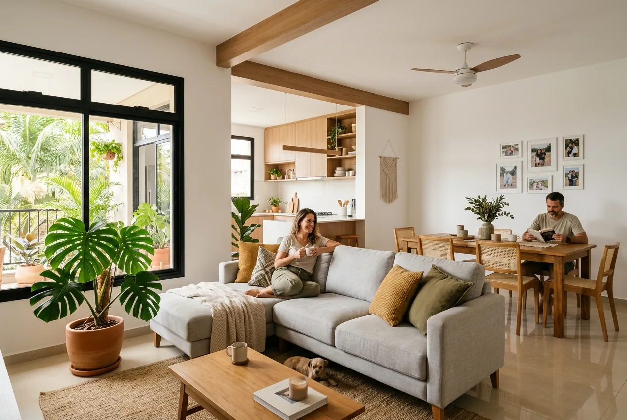 Renovated residential interior with easy-to-clean ceramic flooring and natural lighting