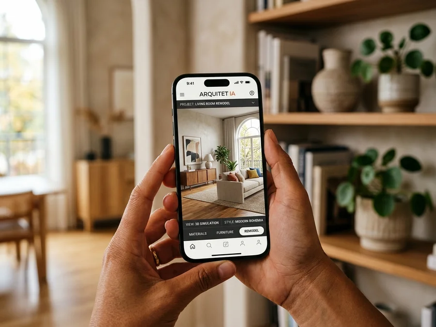 Mãos segurando celular com o aplicativo Arquitet IA exibindo simulação 3D de reforma de sala de estar