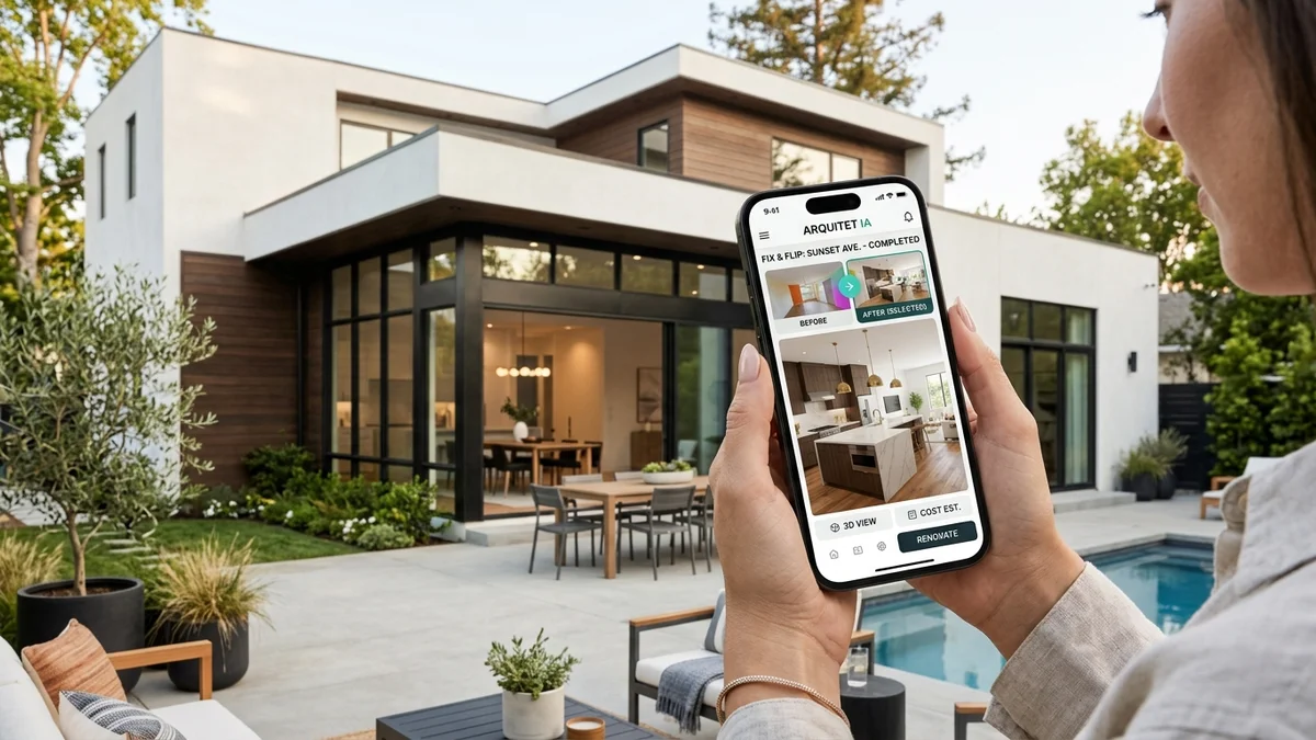 Smartphone segurado em mãos mostrando projeto de reforma Fix and Flip no app Arquitet IA diante de casa modernizada