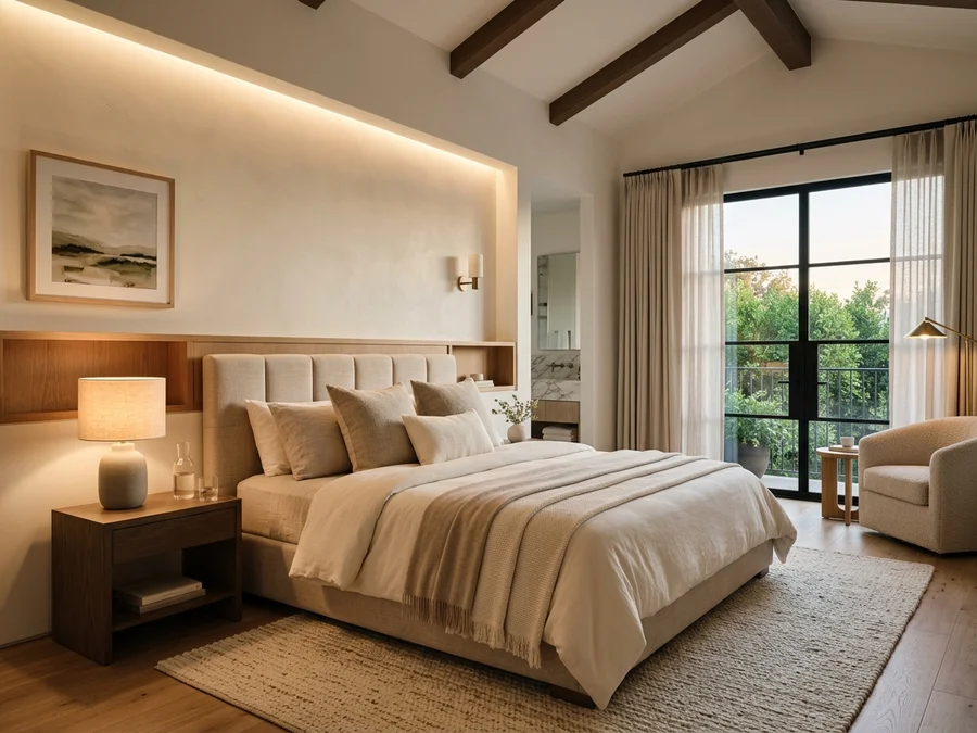 Quarto de casal remodelado com cabeceira estofada em linho bege, iluminação aconchegante e tons neutros
