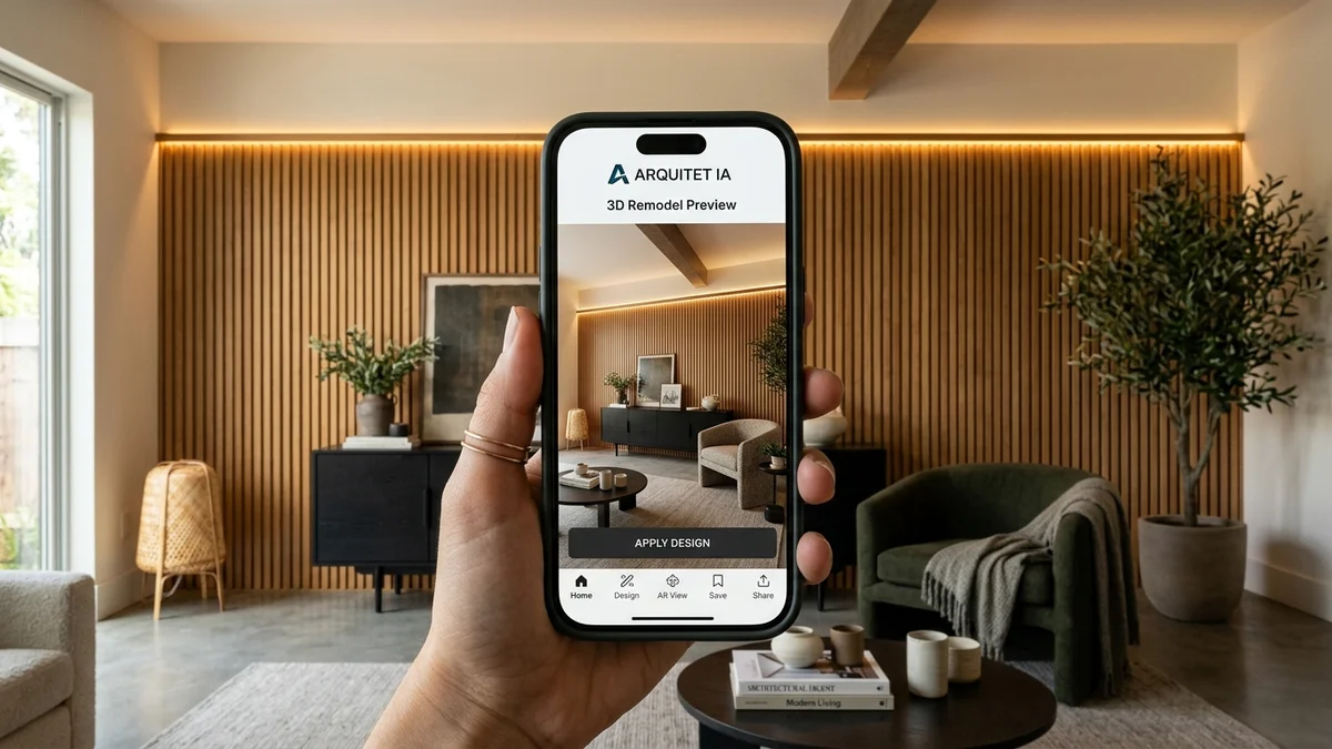 Mão segurando smartphone exibindo simulação 3D de remodelação de sala com painel ripado de madeira e luzes LED