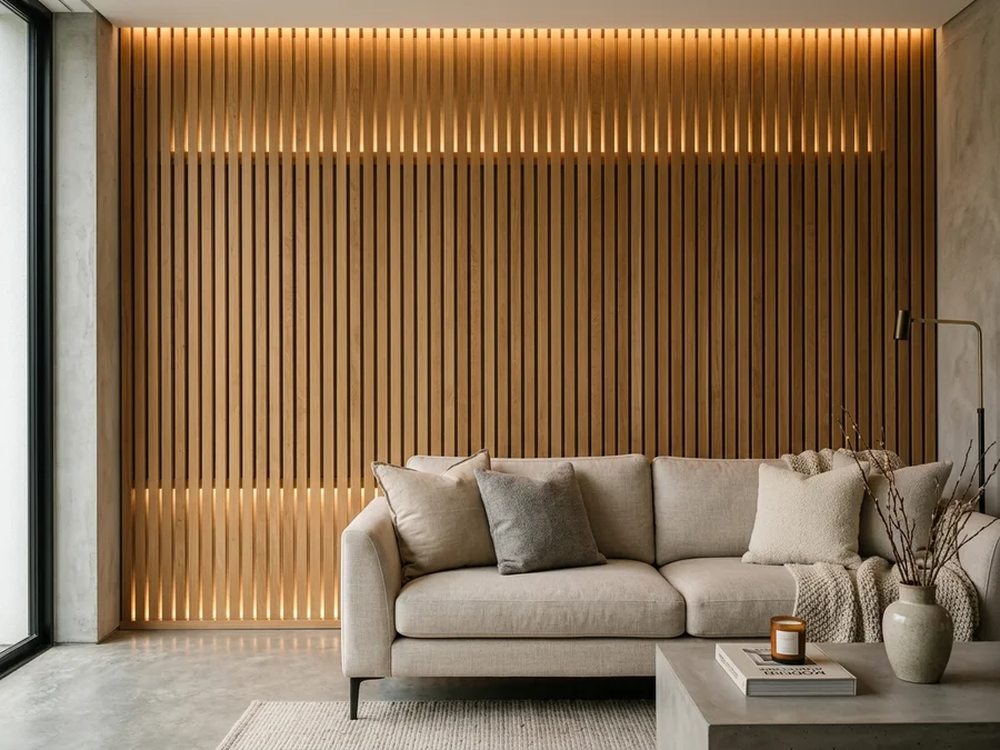 Sala de estar moderna com painel ripado de madeira de carvalho, iluminação indireta por fita LED e sofá neutro