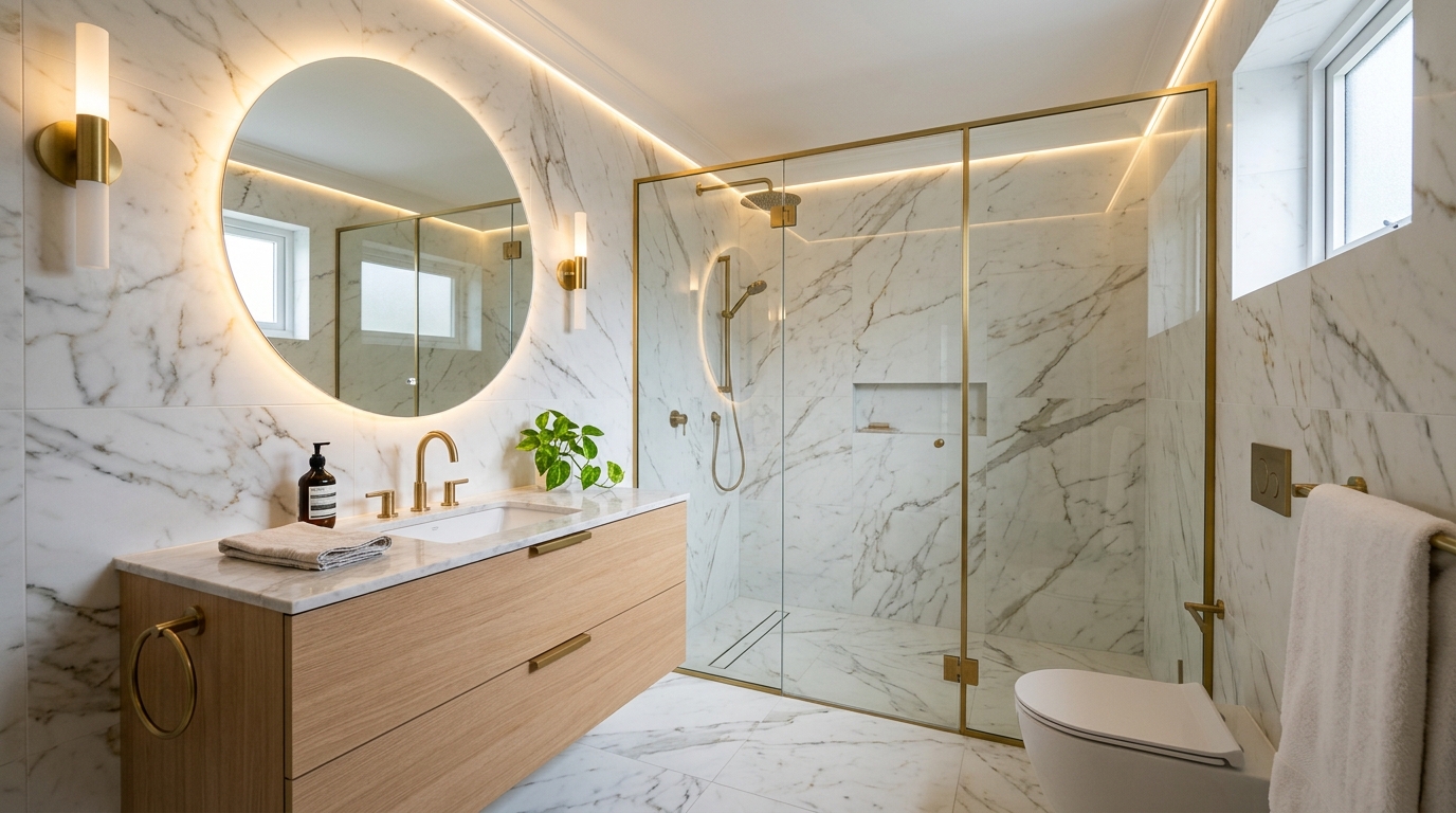 Baño pequeño moderno con porcelanato marmolado calacatta y espejo LED