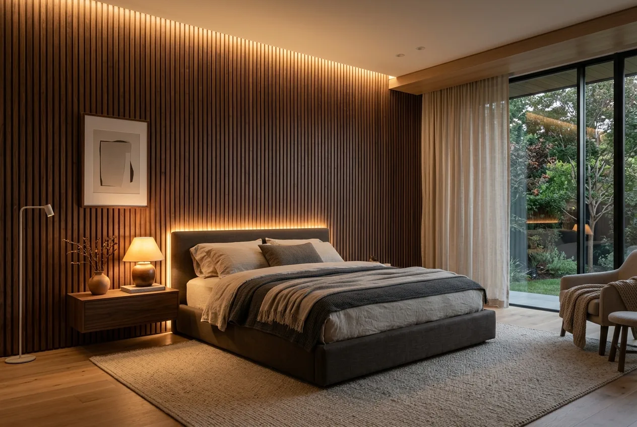 Master bedroom with wooden headboard and cozy bed linens in earth tones